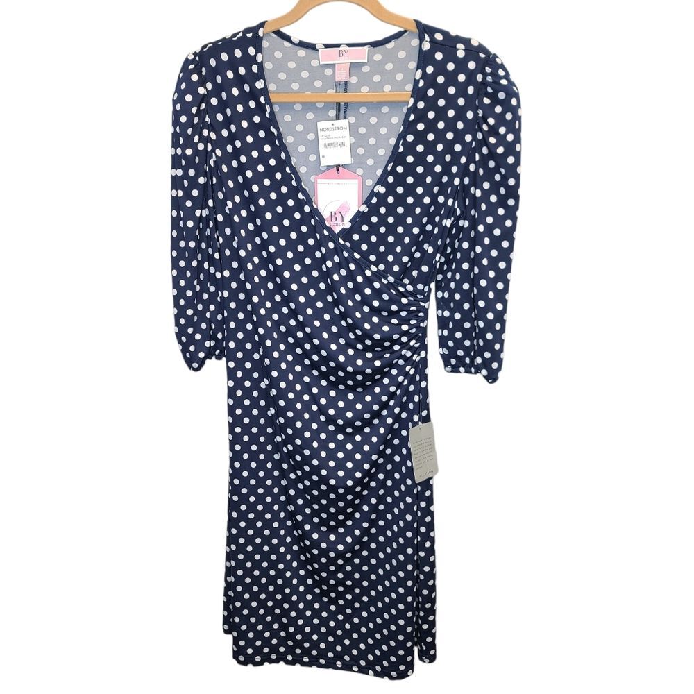 NWT Love by Design Women's Blue Polka Dot Amelia Ruched Wrap Dress M